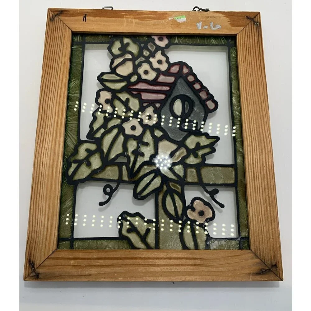 Wood Framed Vibrant Birdhouse & Flowers Stained Glass Wall Art 11.5x9.5 Vintage